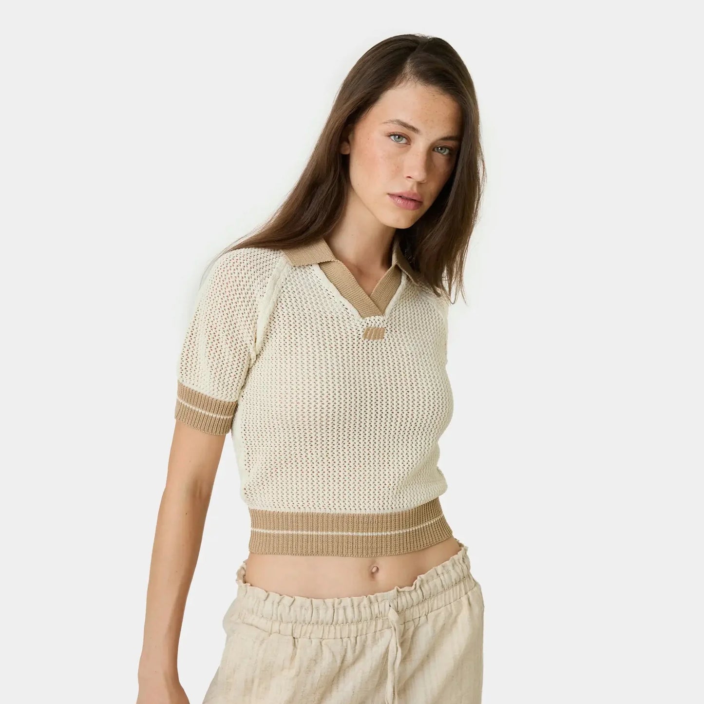 Eme Studios ´Ocata Off Sand Crochet´ Knit Polo